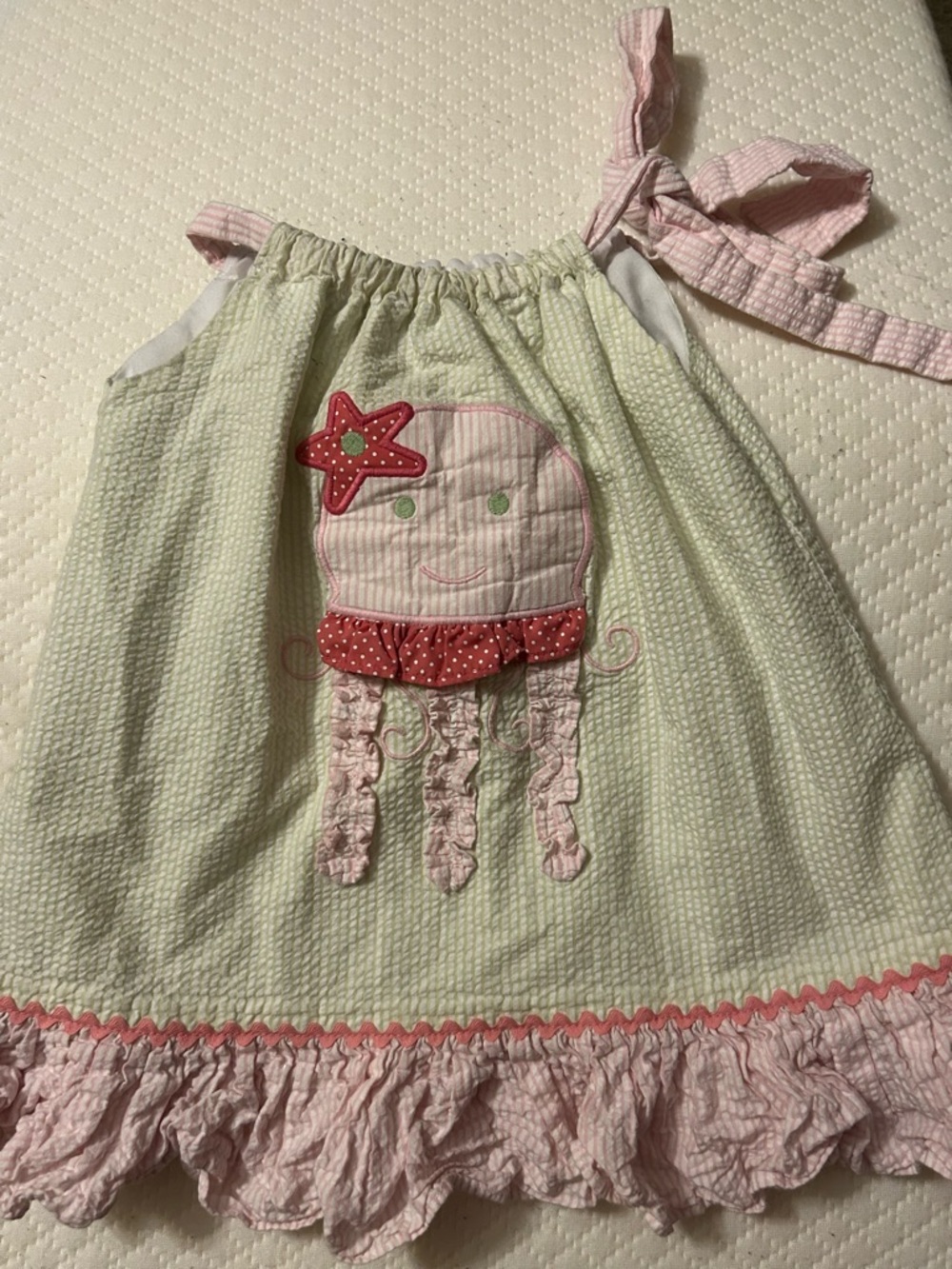 Shrimp & Grits Kids Seersucker Dress 2T Jellyfish Applique Pink Green